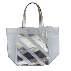 Victoria’s Secret metallic gold & silver shimmer stripe tote bag